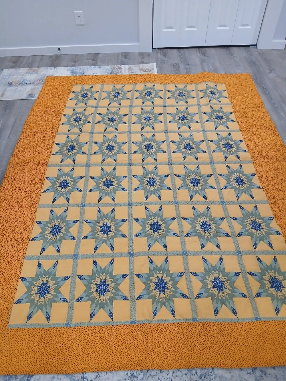 Handmade Star Patchwork Quilt in Yellow and Blue